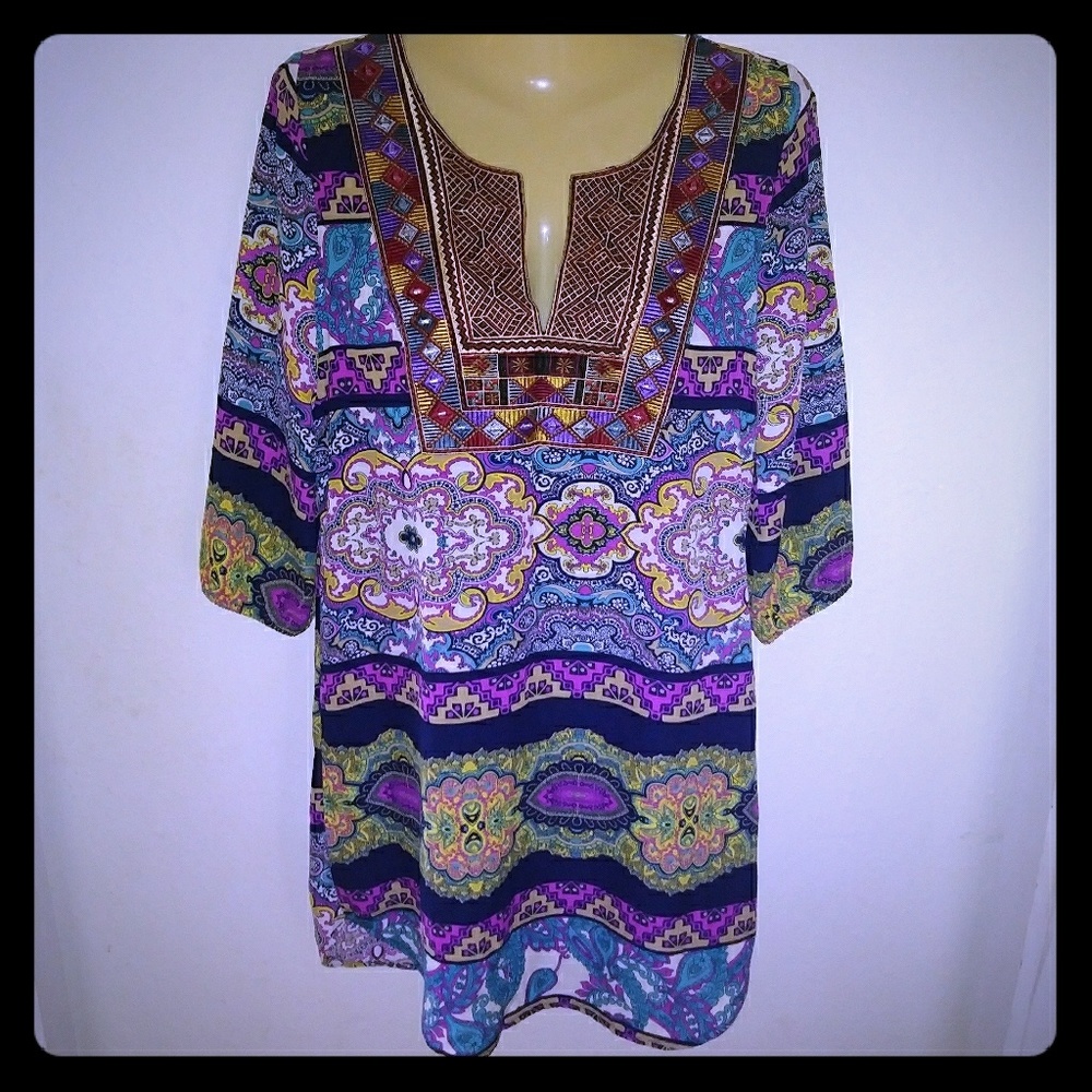 Pink Owl Floral Paisley Boho Tunic Top Size S